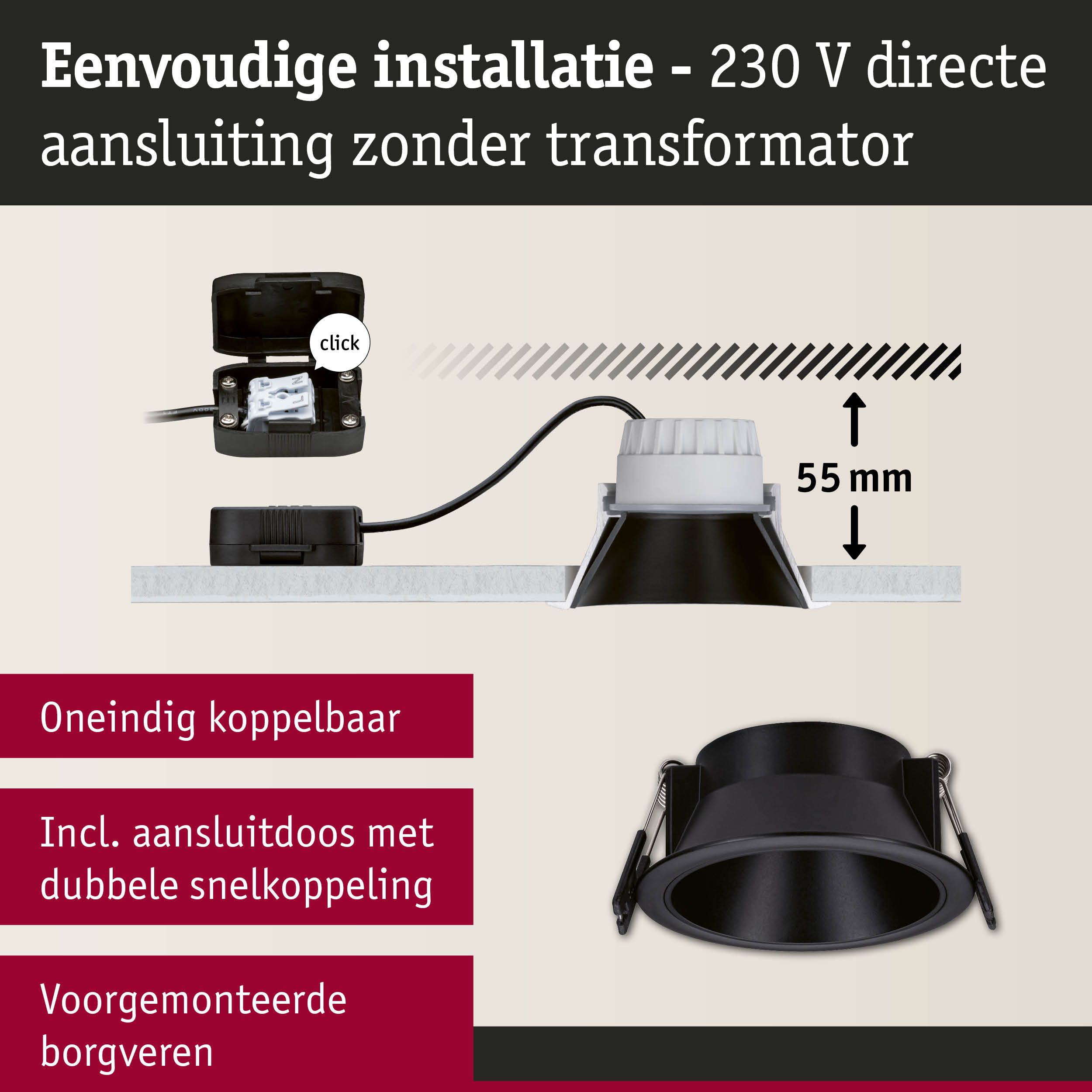 Zwarte metalen inbouwspot met 55 mm inbouwdiepte en directe 230 V aansluiting zonder transformator