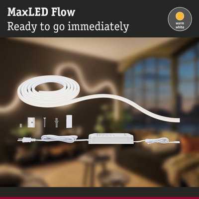 MaxLED Flow warm white LED strip with power supply and mounting accessories for flexible lighting