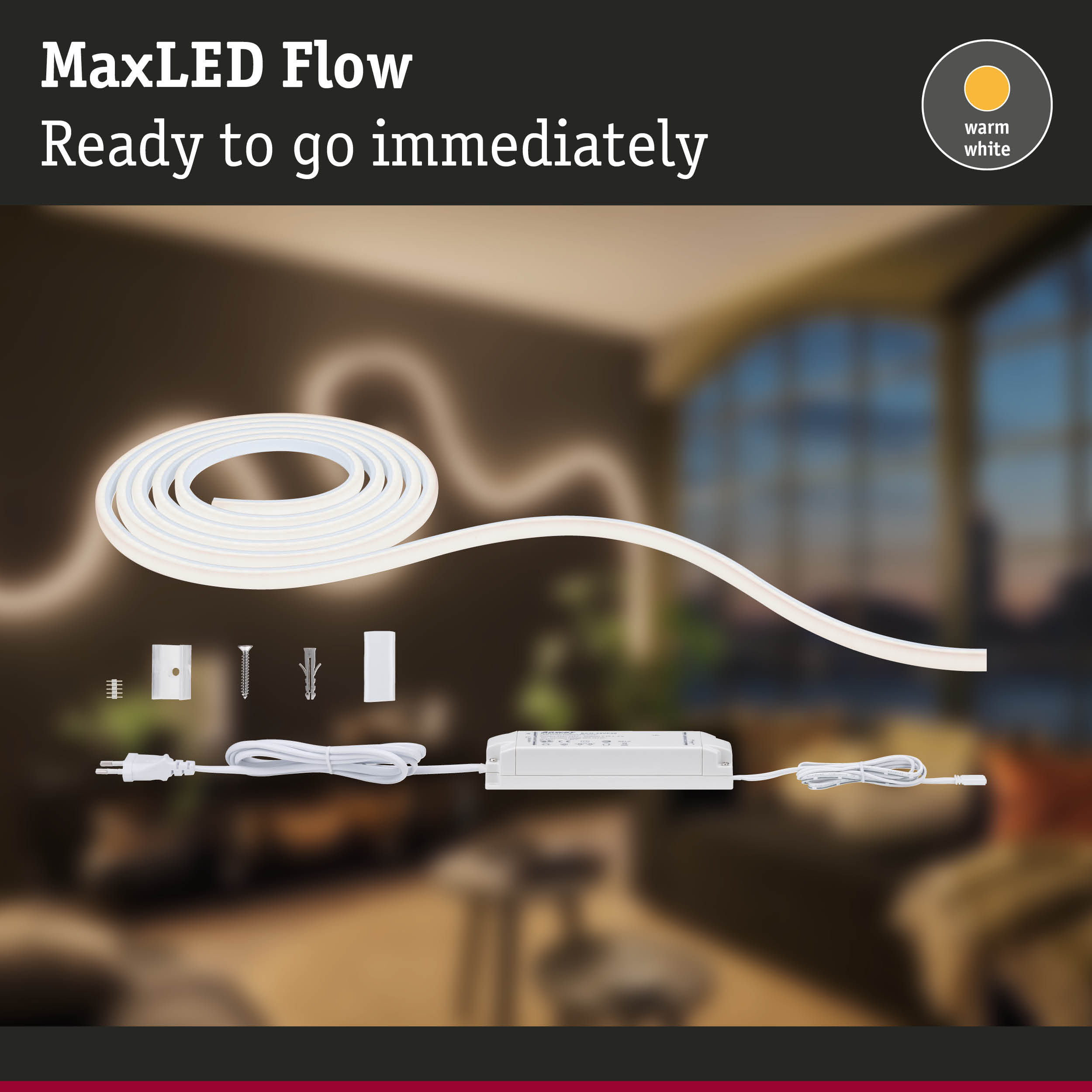MaxLED Flow warm white LED strip with power supply and mounting accessories for flexible lighting
