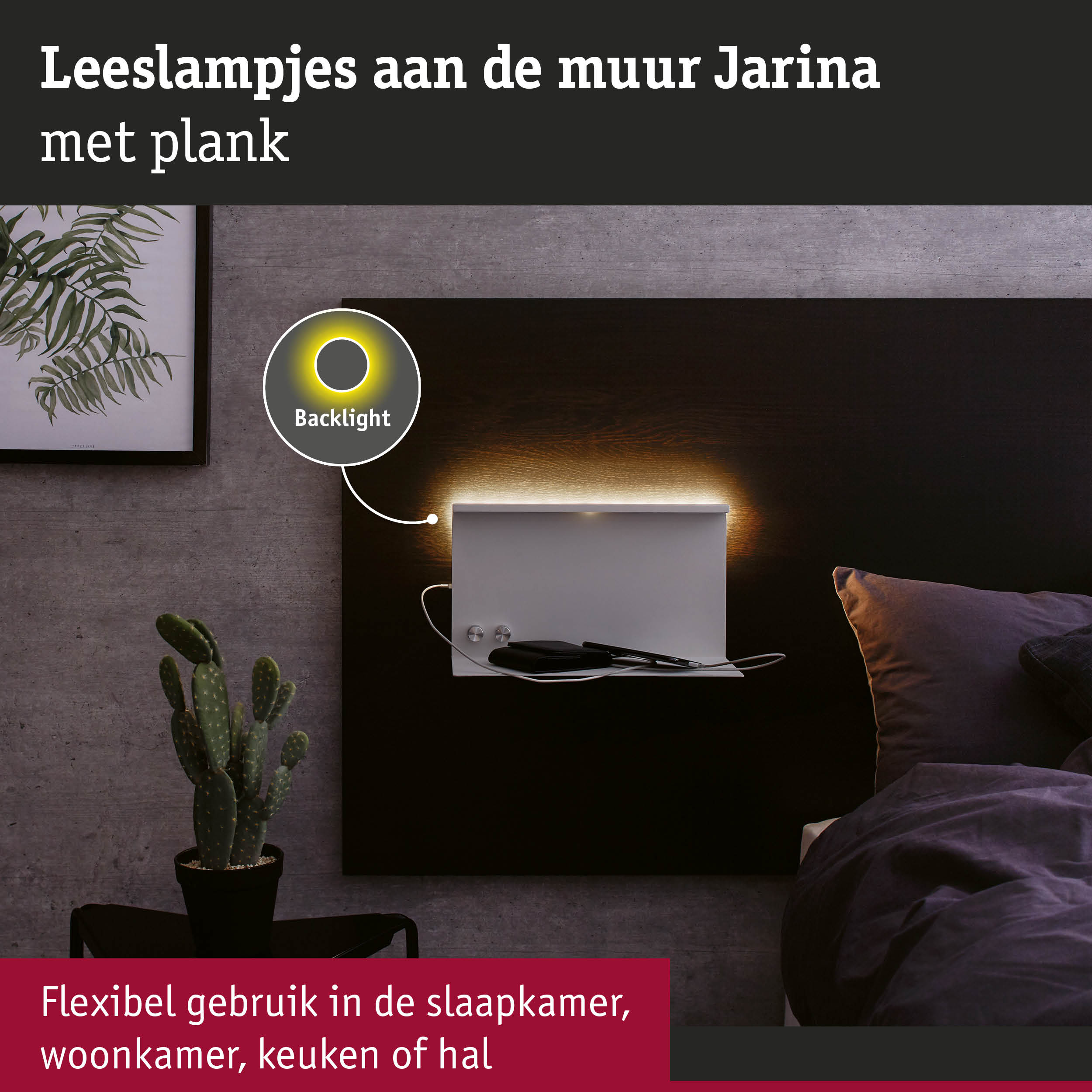 Witte metalen Jarina leeslamp met backlight op donker houten plank voor slaapkamer en woonkamer
