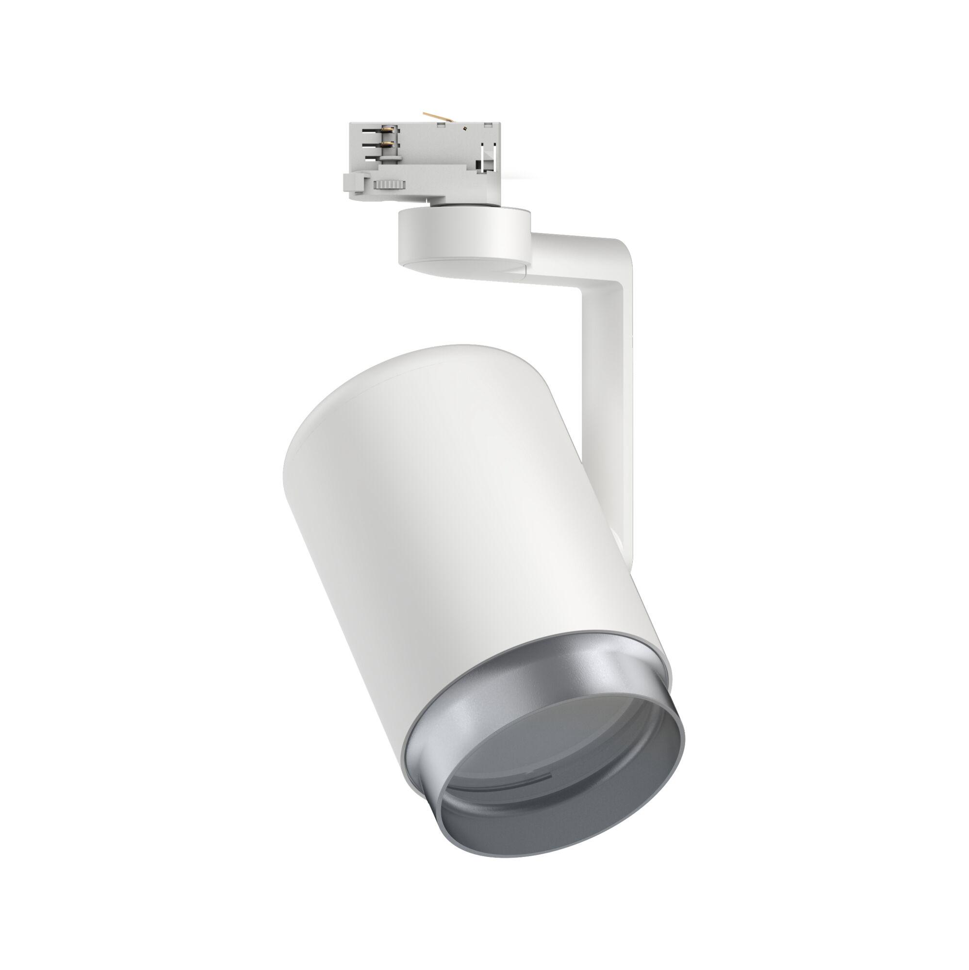 Modern white metal LED spotlight with silver lens for versatile lighting solutions