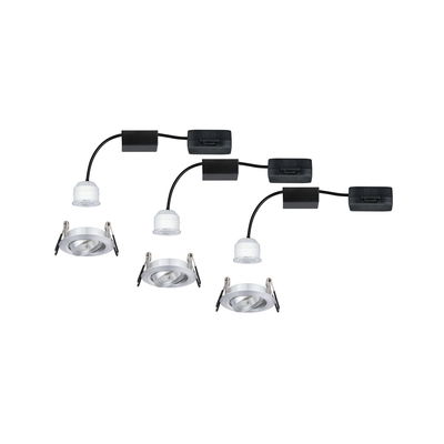 Three white LED recessed spotlights with silver aluminum housing and black cable for modern room lighting