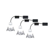 Three white LED recessed spotlights with silver aluminium housing and black cable for indoor lighting