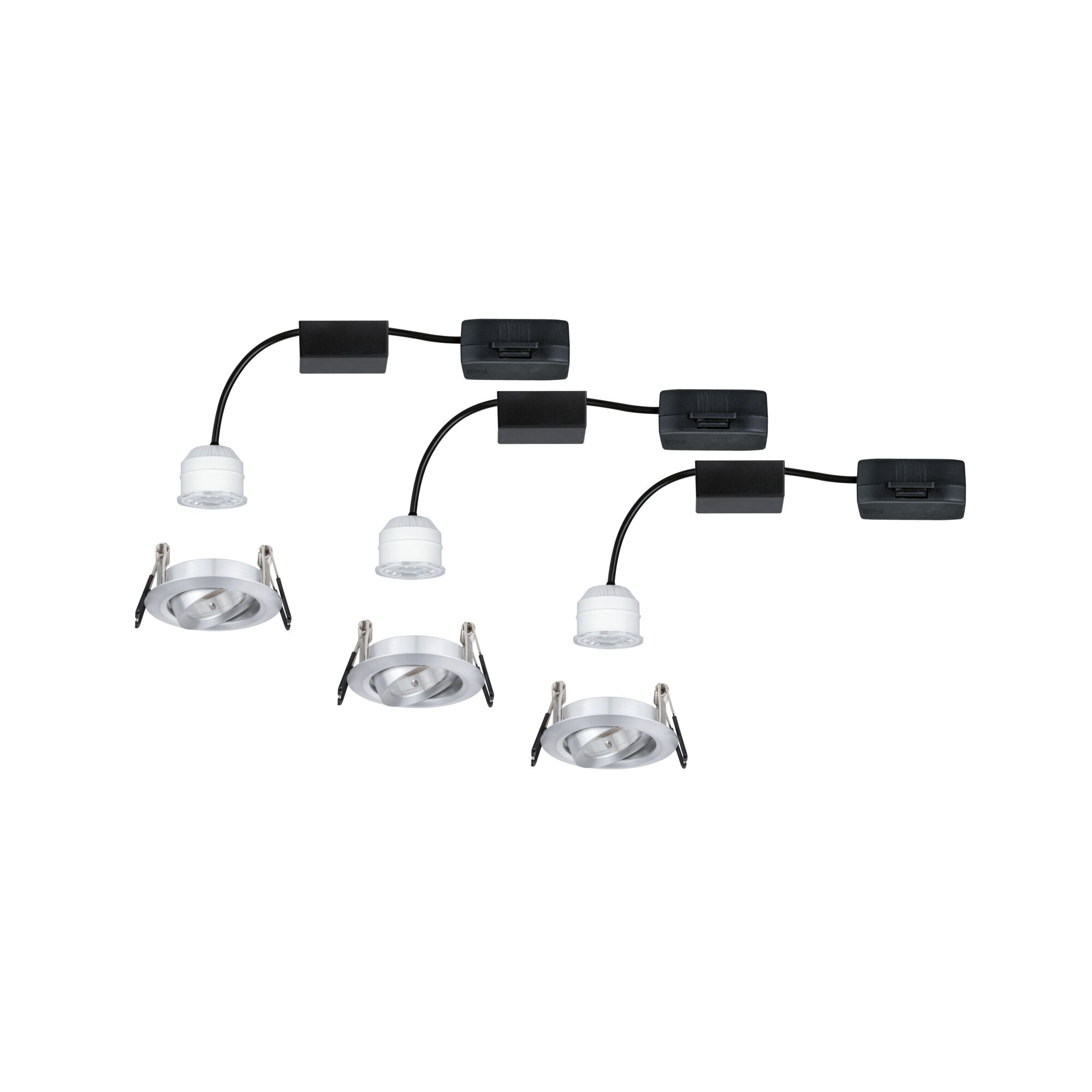 Trois spots encastrés LED blancs avec boîtier en aluminium argenté et câble noir pour éclairage intérieur