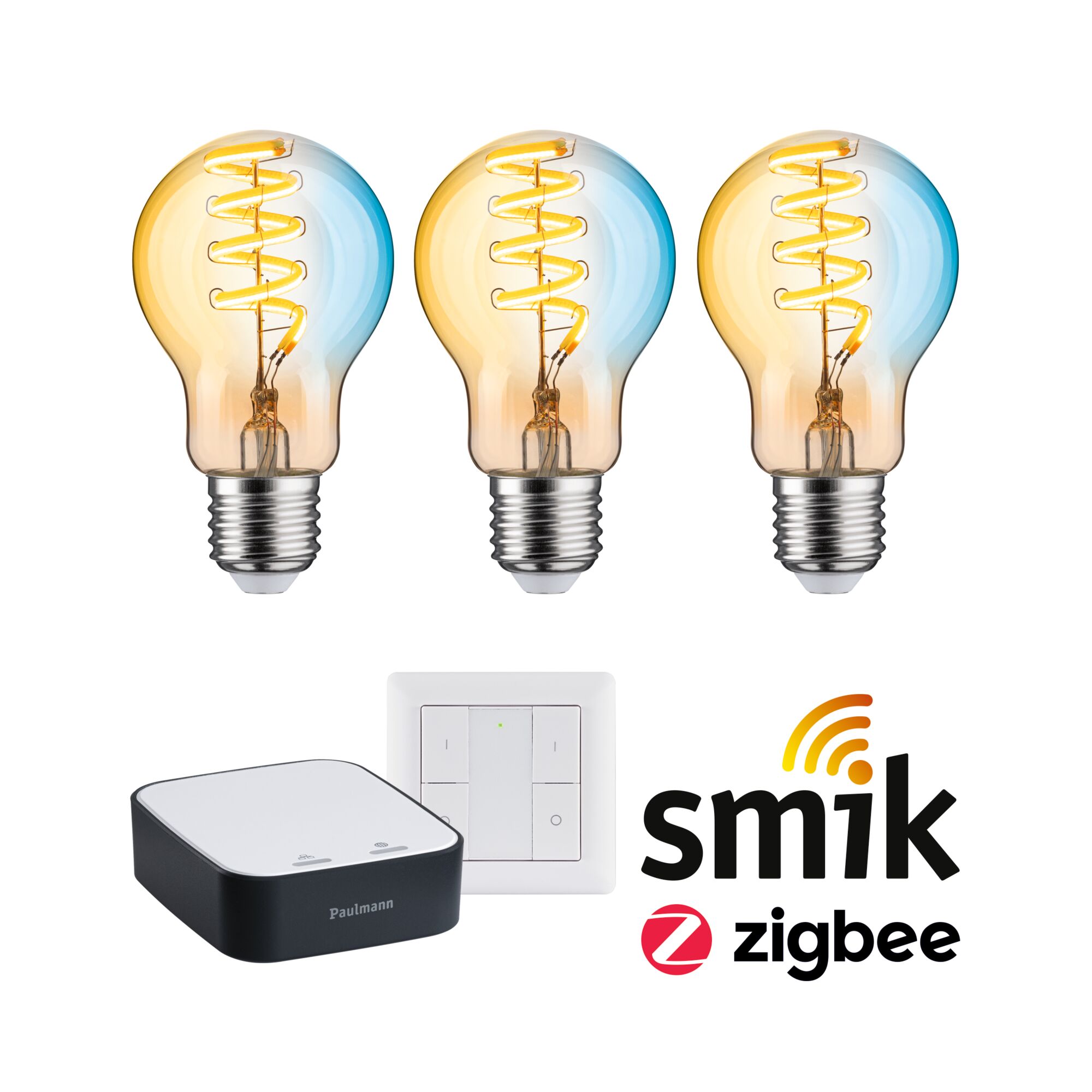 Preisattraktives Starterset Zigbee 3.0 LED Birne Filament E27 Tunable White + Gateway smik + Schalter Drei LED-Filament-Glühbirnen mit warmweißem Licht, Smik Zigbee Steuergerät und Wandtaster in Weiß.
