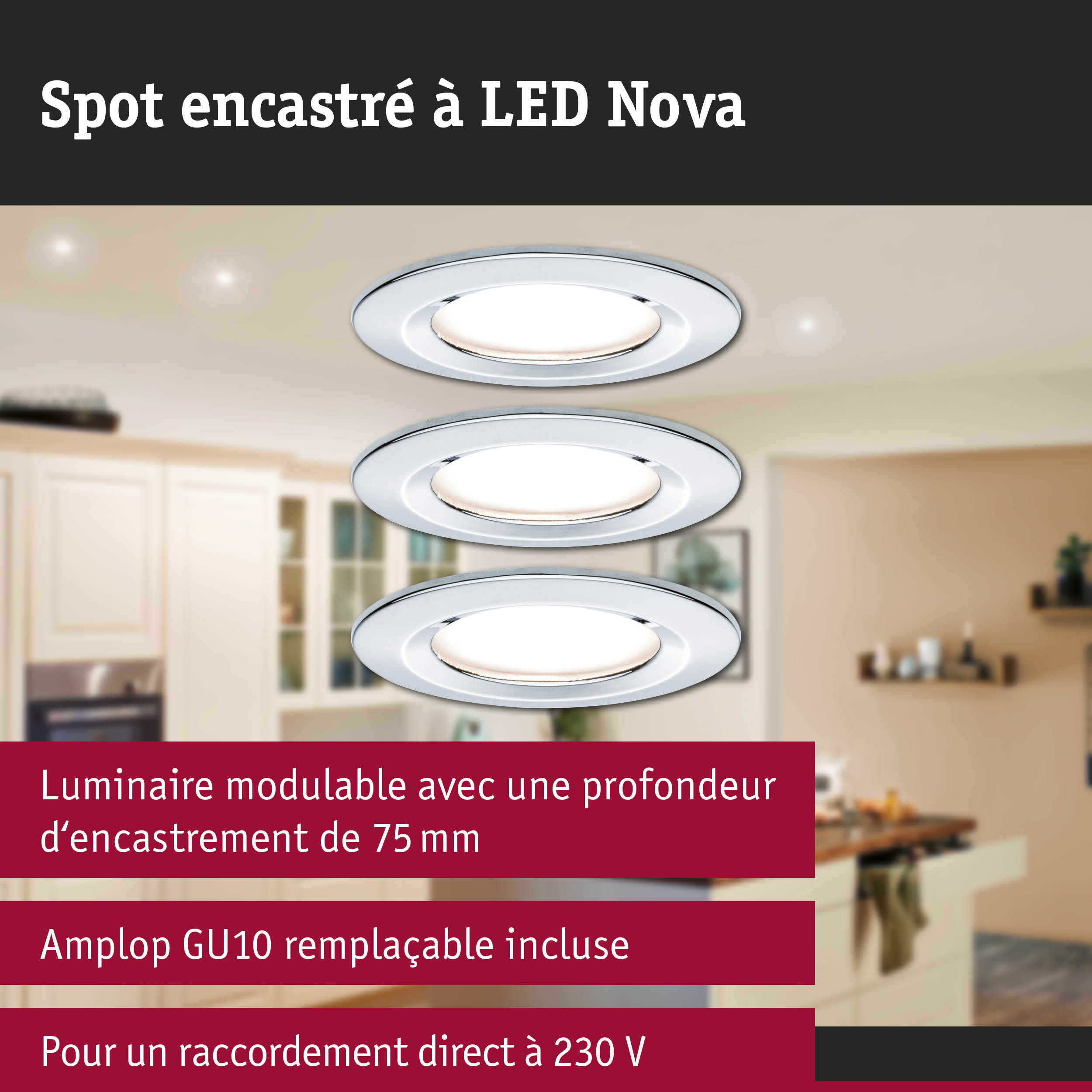 Spot encastré LED Nova blanc avec douille GU10 pour raccordement direct 230V en intérieur
