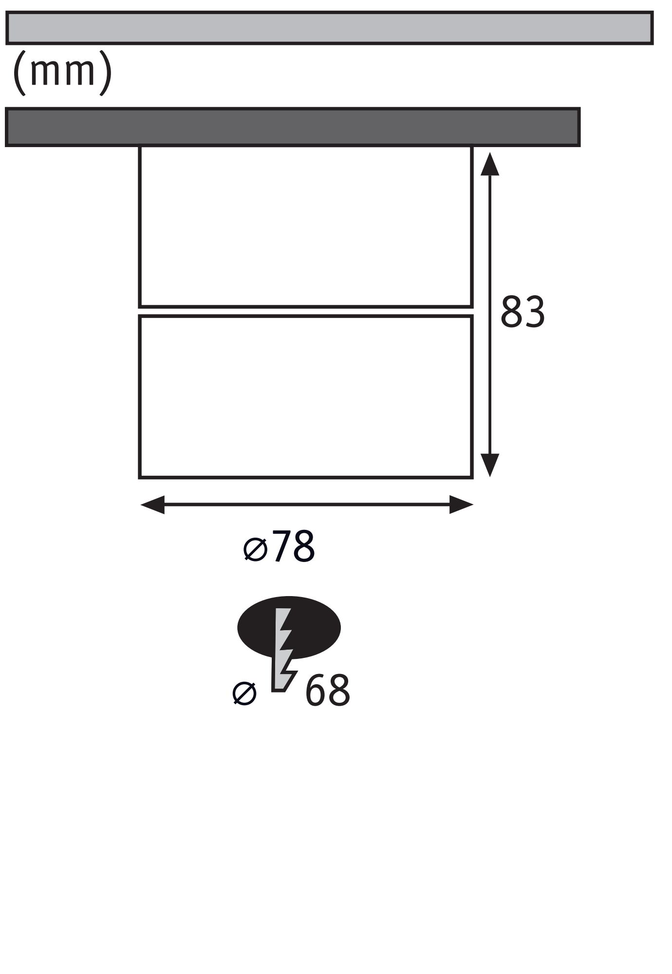 Technische tekening met afmetingen 83 mm hoogte en 78 mm diameter voor verlichtingsproduct