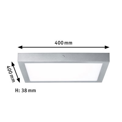 Quadratische LED-Deckenleuchte aus Aluminium in Silber mit 400x400 mm Abmessungen und 38 mm Höhe