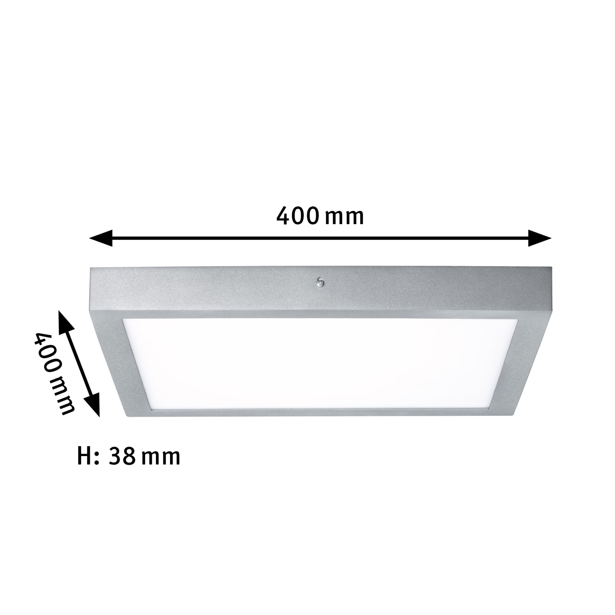 Square silver aluminum LED ceiling light measuring 400x400 mm with 38 mm height for modern lighting