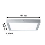 Plafonnier LED carré en aluminium argenté de 400x400 mm et hauteur de 38 mm pour éclairage moderne