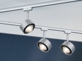 Three silver metal LED spotlights on track system for flexible room lighting solutions.