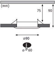 Technical drawing of recessed lighting system with 90 mm diameter and 75 mm installation depth