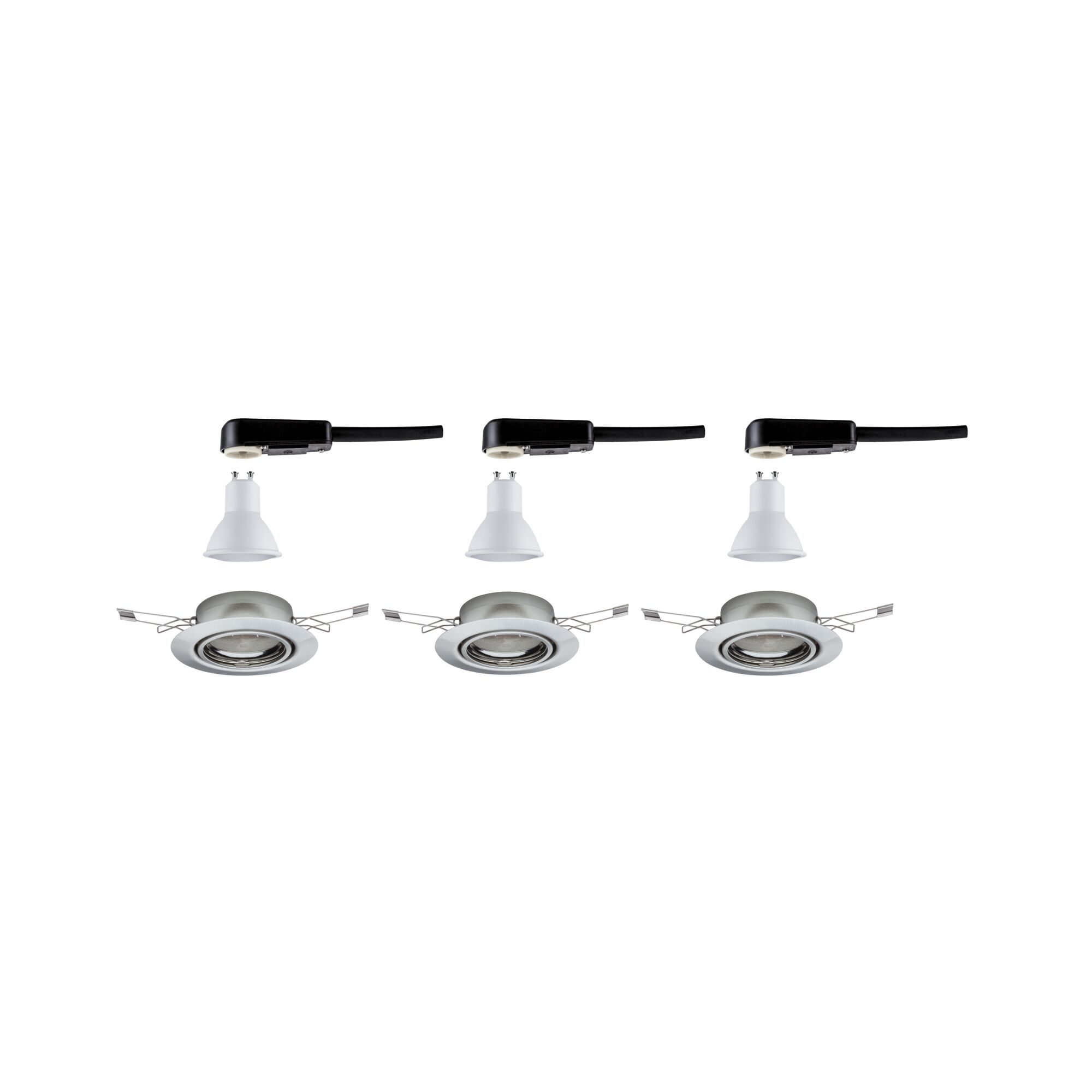 Trois ampoules LED GU10 blanches avec supports noirs et cadres encastrés argentés pour plafond