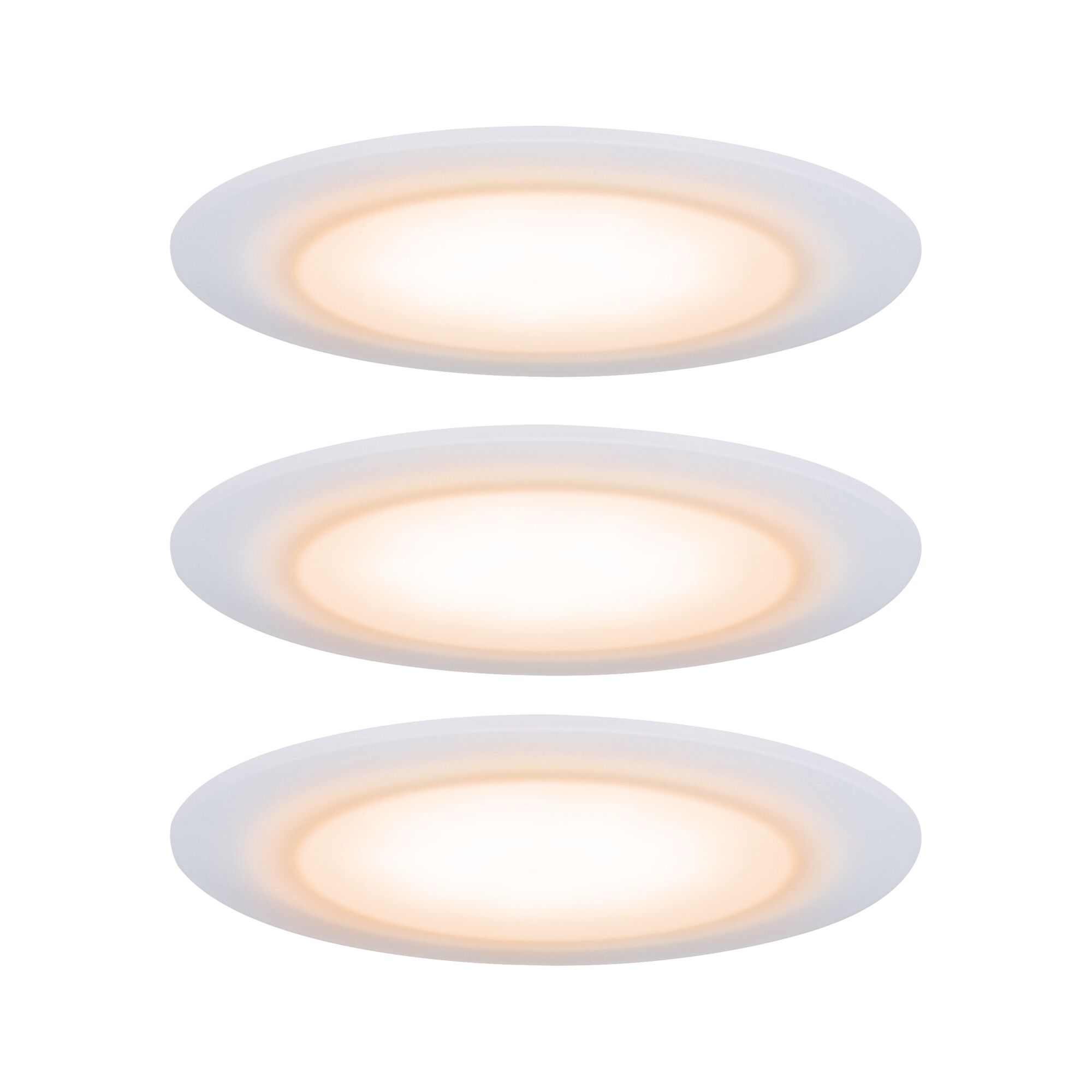 Drei weiße LED-Deckenleuchten mit warmweißem Licht für moderne Wohnraumbeleuchtung
