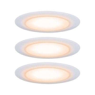 Drei weiße LED-Deckenleuchten mit warmweißem Licht für moderne Wohnraumbeleuchtung