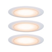 Drei weiße LED-Deckenleuchten mit warmweißem Licht für moderne Wohnraumbeleuchtung
