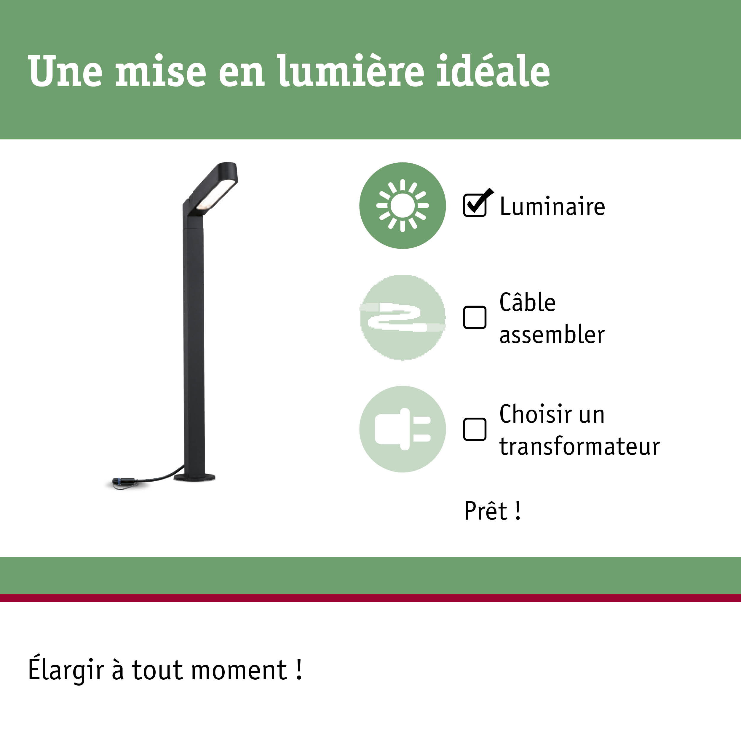 Lampadaire LED noir moderne avec câble pour éclairage de jardin
