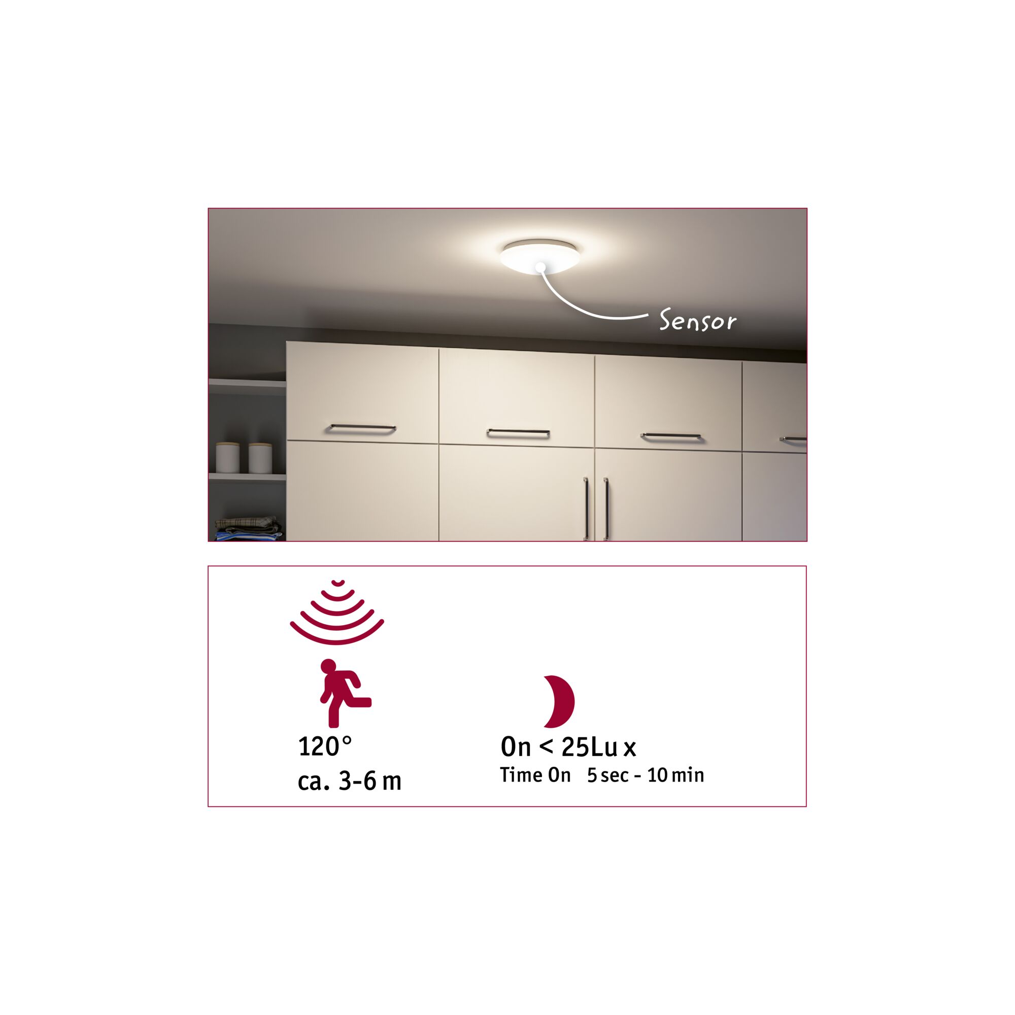 White ceiling light with sensor above kitchen cabinets, motion detector 120° angle and 3-6 m range