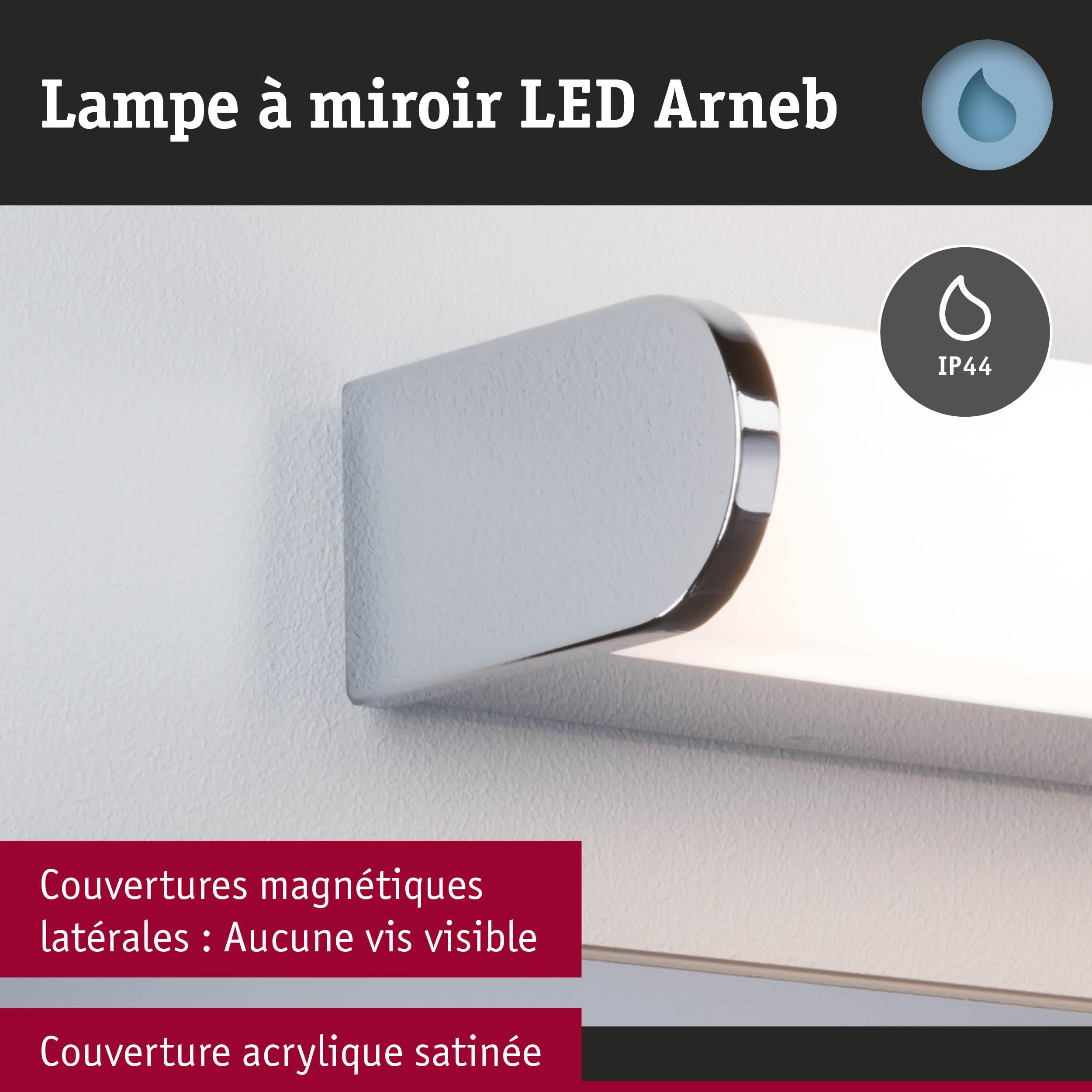 Lampe à miroir LED Arneb avec couverture acrylique satinée et couvertures latérales magnétiques sans vis visibles