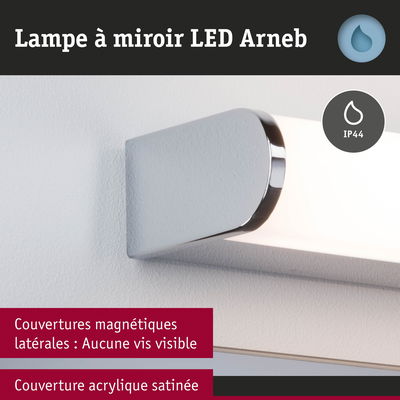 Lampe à miroir LED Arneb avec couverture acrylique satinée et couvertures latérales magnétiques sans vis visibles