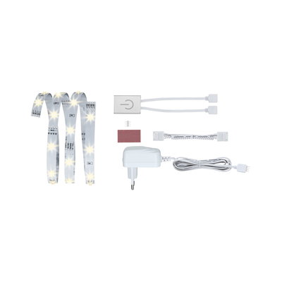 White LED strip with power adapter, controller, and connectors for versatile lighting setups