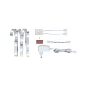 LED strip with white controller, power adapter and cables for flexible lighting setup