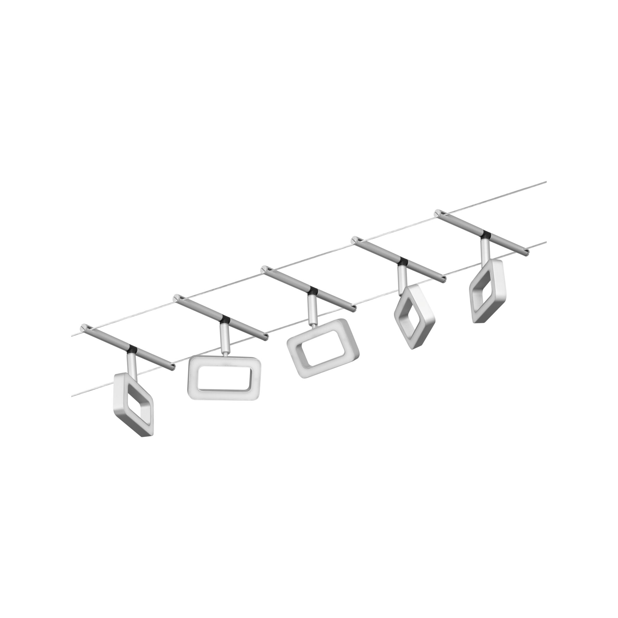 Éclairage sur câble LED moderne avec cinq luminaires blancs en aluminium réglables pour une lumière flexible
