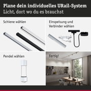 Modulares URail-Schienensystem in Schwarz und Weiß mit Pendelleuchte und Steckverbindern für flexible Beleuchtung