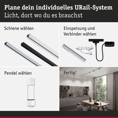 Anleitung zur Planung eines URail-Systems mit Schienen, Verbindern, Pendelleuchte und Beispielküche mit Beleuchtung