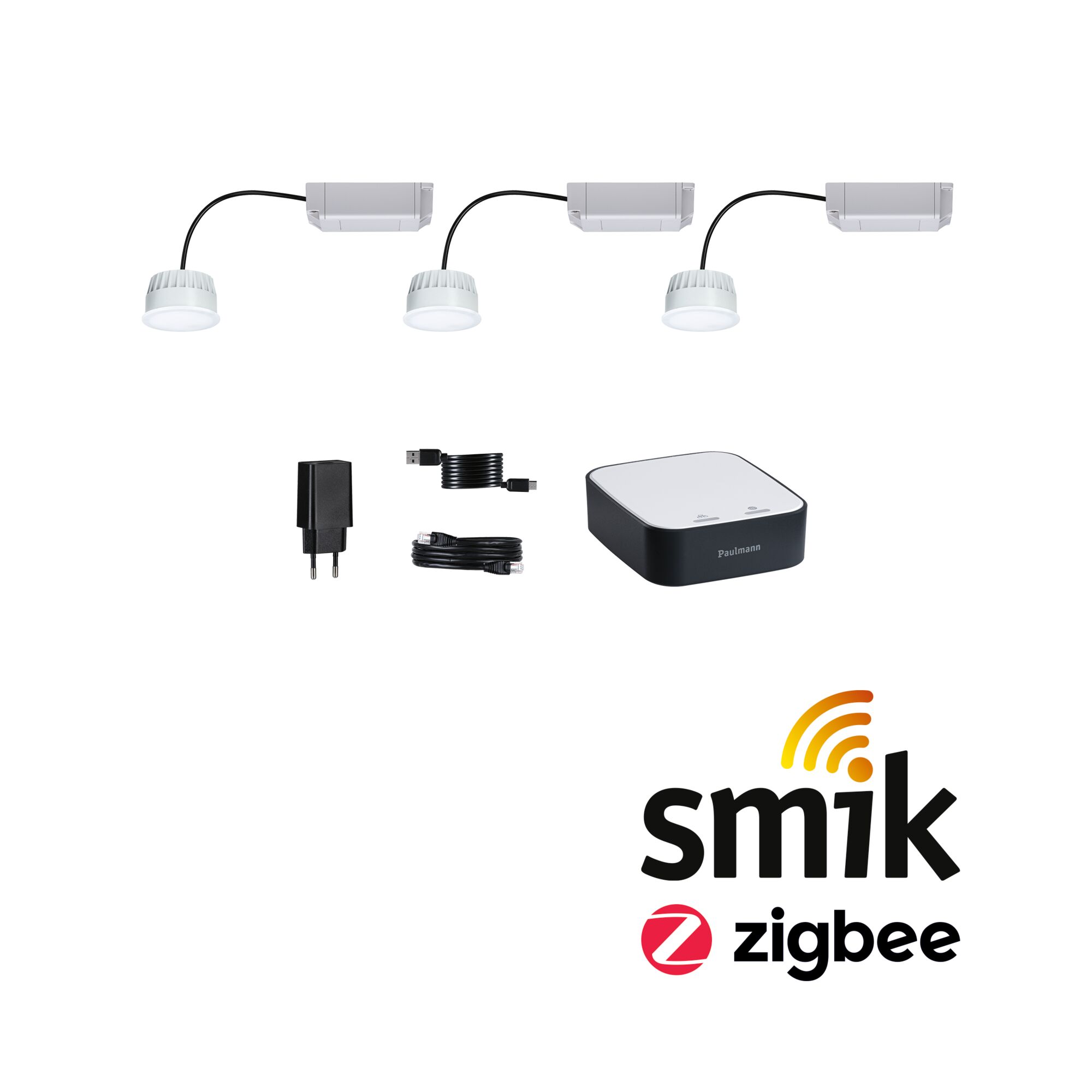 Drie witte LED-inbouwspots met controller, adapter en kabels voor Zigbee slimme verlichting