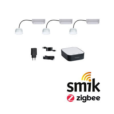 Drie witte LED-inbouwspots met controller, adapter en kabels voor Zigbee slimme verlichting