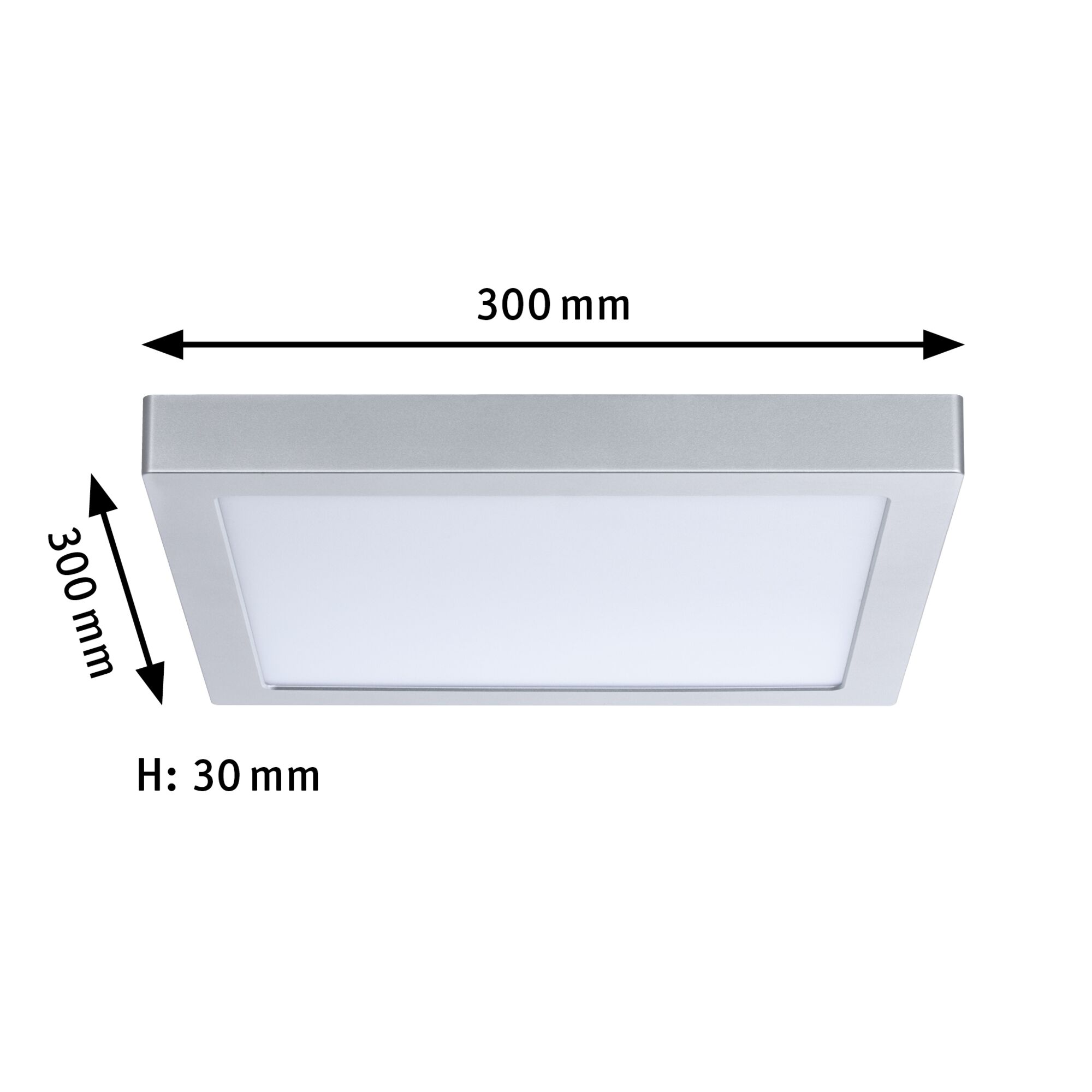 Quadratische LED-Deckenleuchte aus silbernem Aluminium mit 300 mm Kantenlänge und 30 mm Höhe