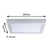 Square silver aluminium LED ceiling light measuring 300 mm width and 30 mm height