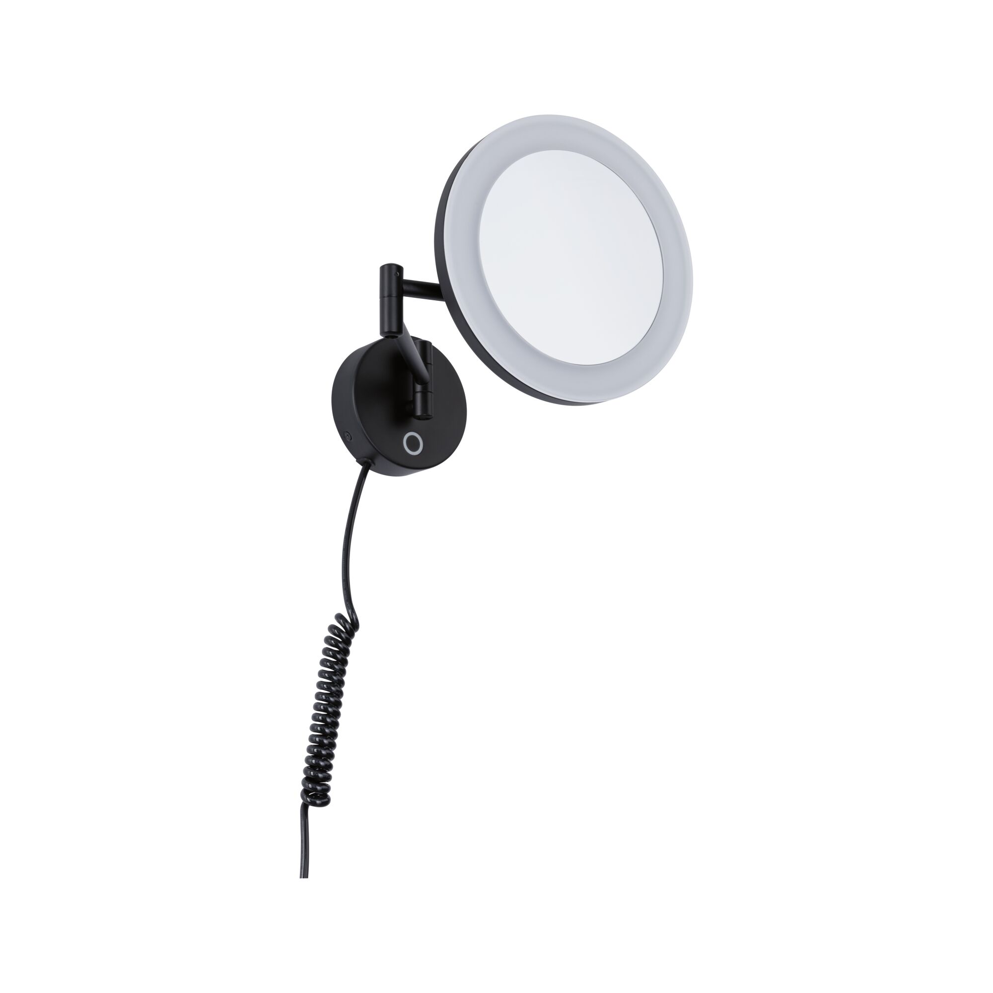 Schwarzer Wandspiegel mit LED-Ring und flexiblem Arm, ideal für Badbeleuchtung und Make-up.