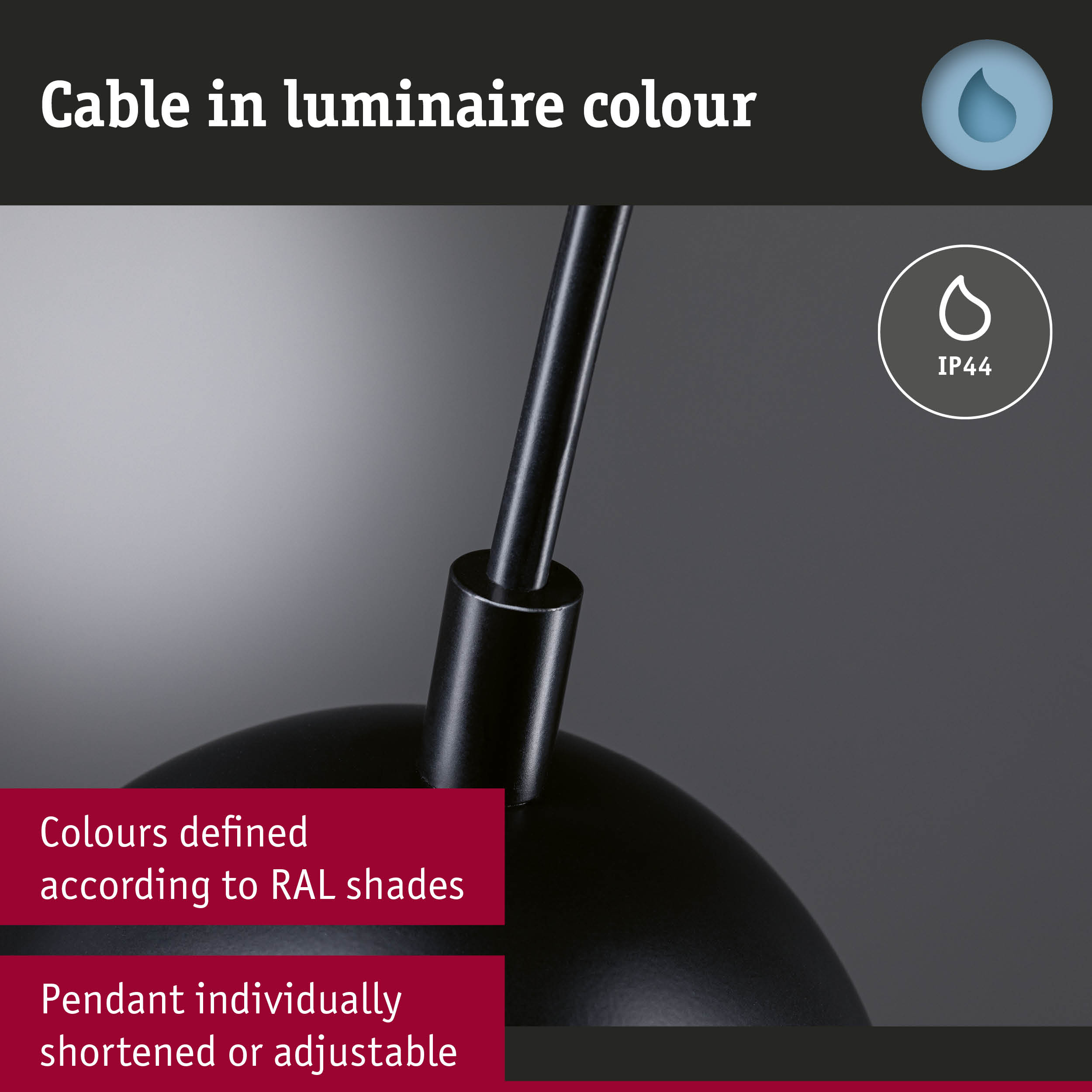 Black pendant light cable with IP44 protection, adjustable length and RAL colour options