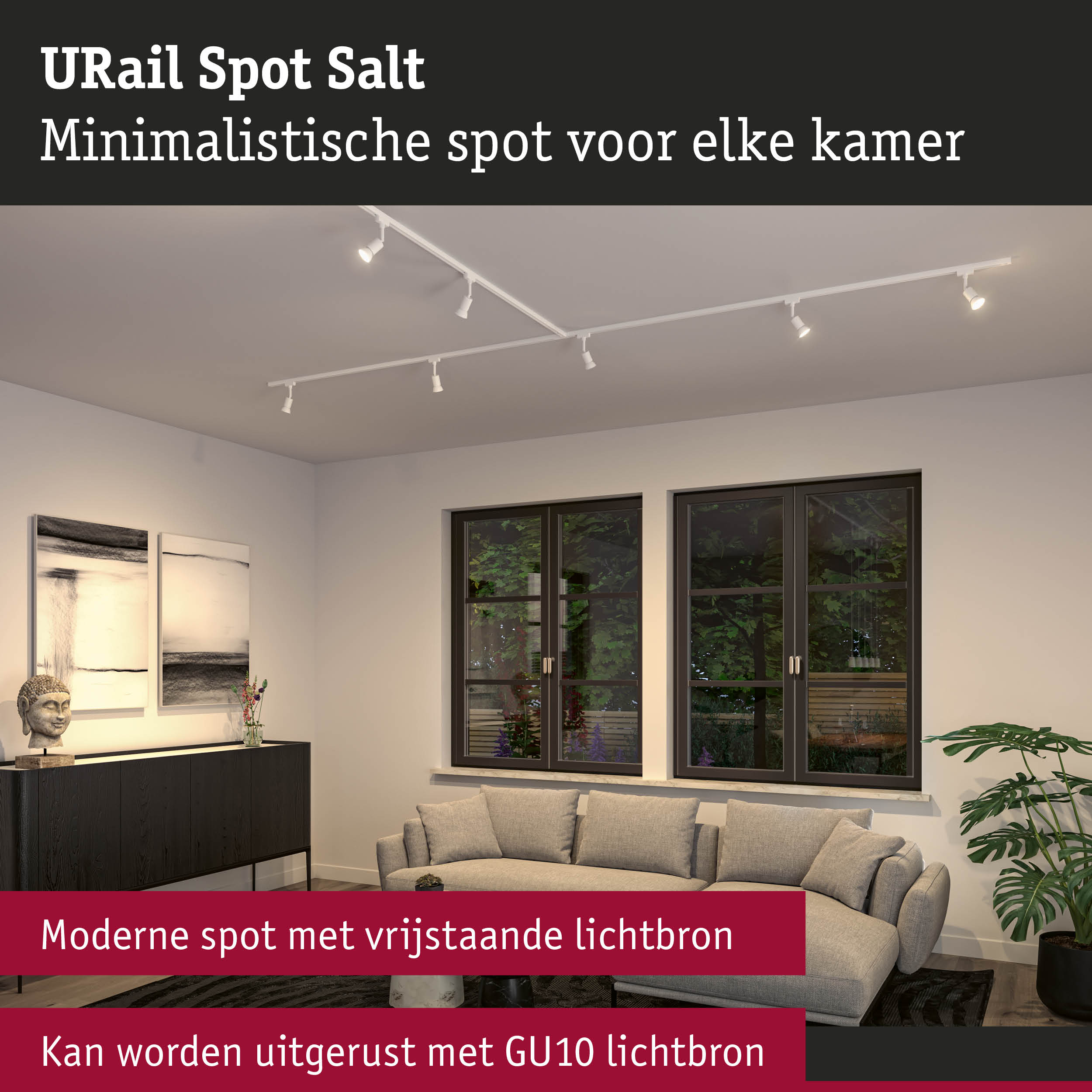 Minimalistische witte URail Spot Salt met vrijstaande lichtbron aan het plafond in woonkamer