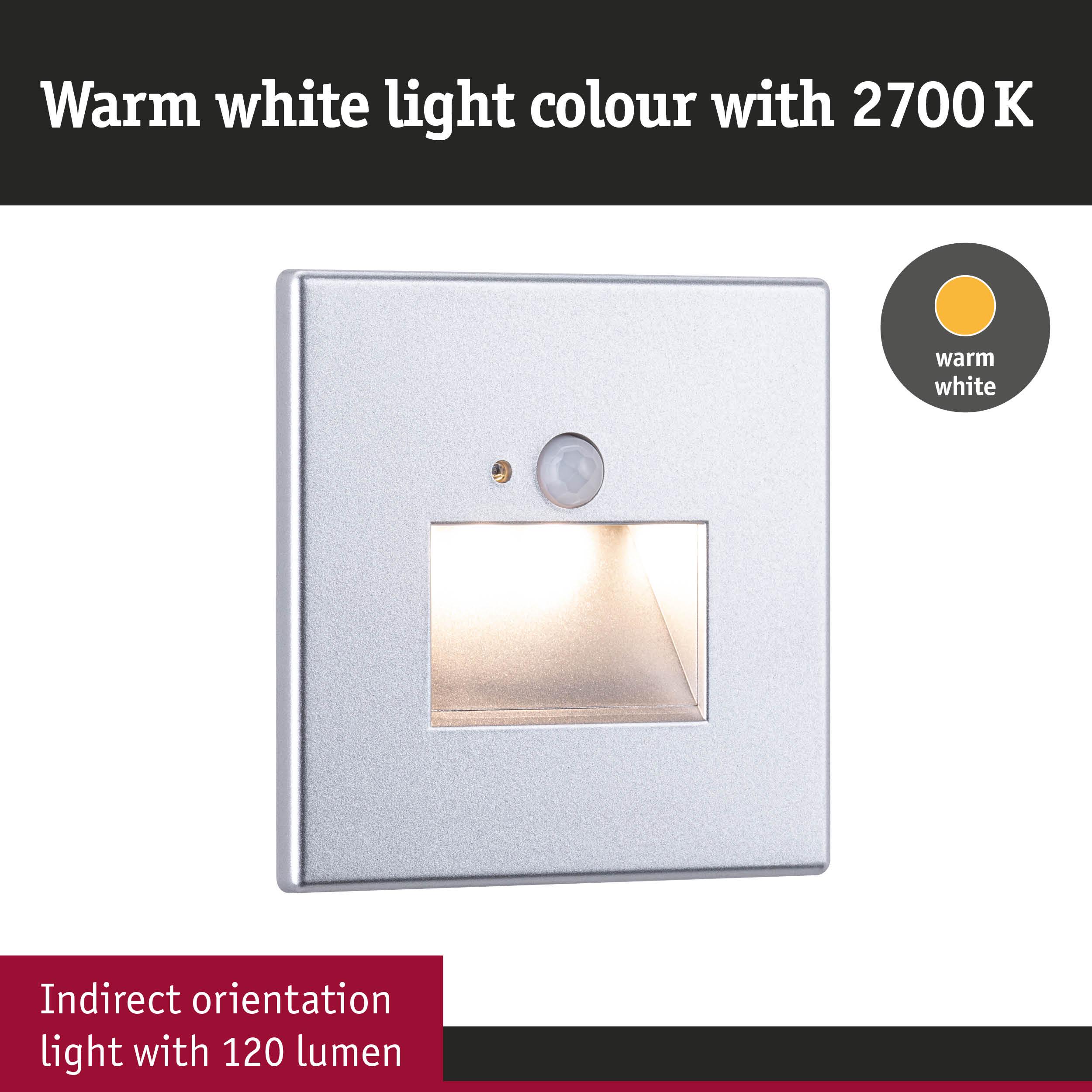 Silver aluminium LED wall light with indirect warm white 2700K illumination and 120 lumens output
