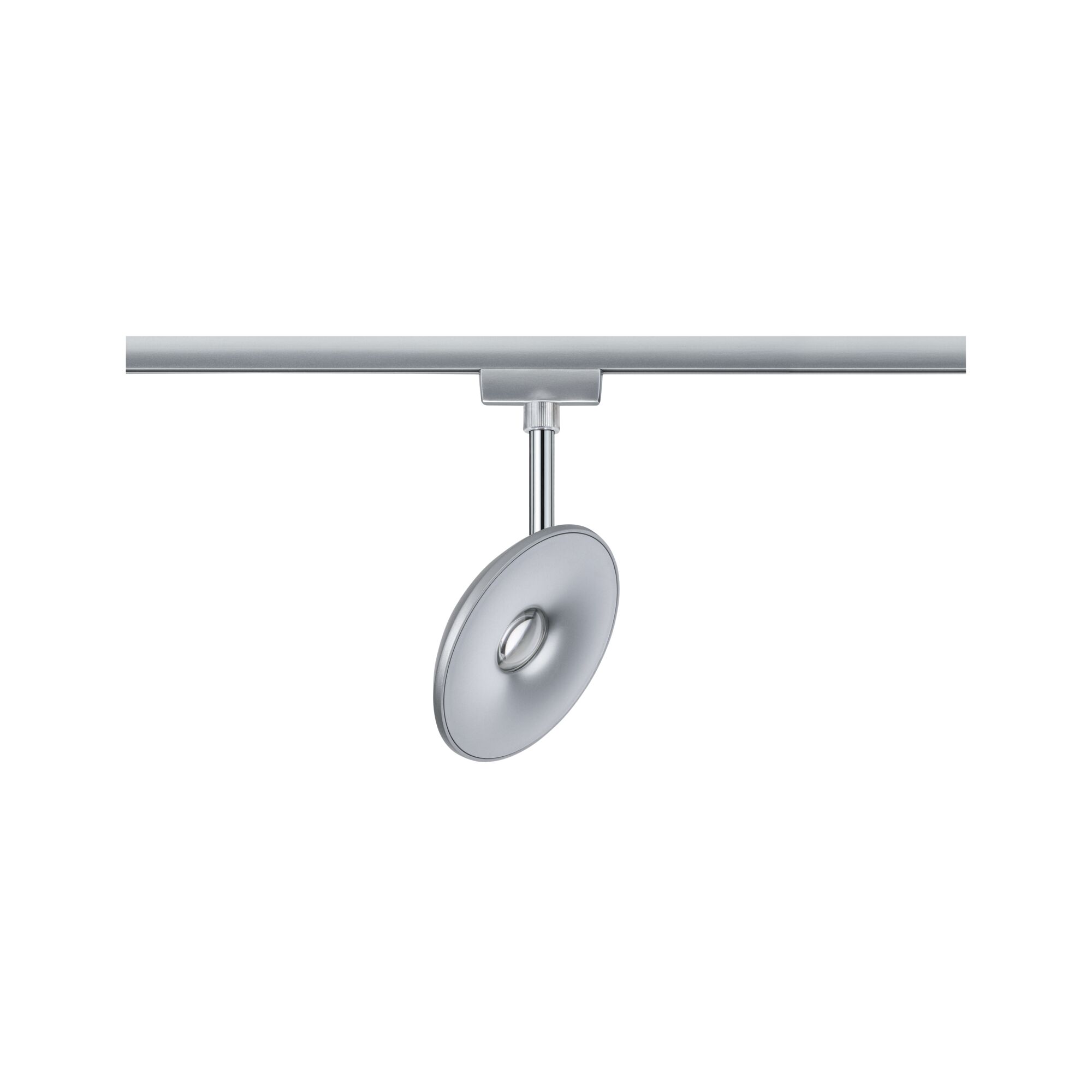 Moderner silberner LED-Deckenspot aus Metall mit rundem Leuchtkopf und Schienensystem