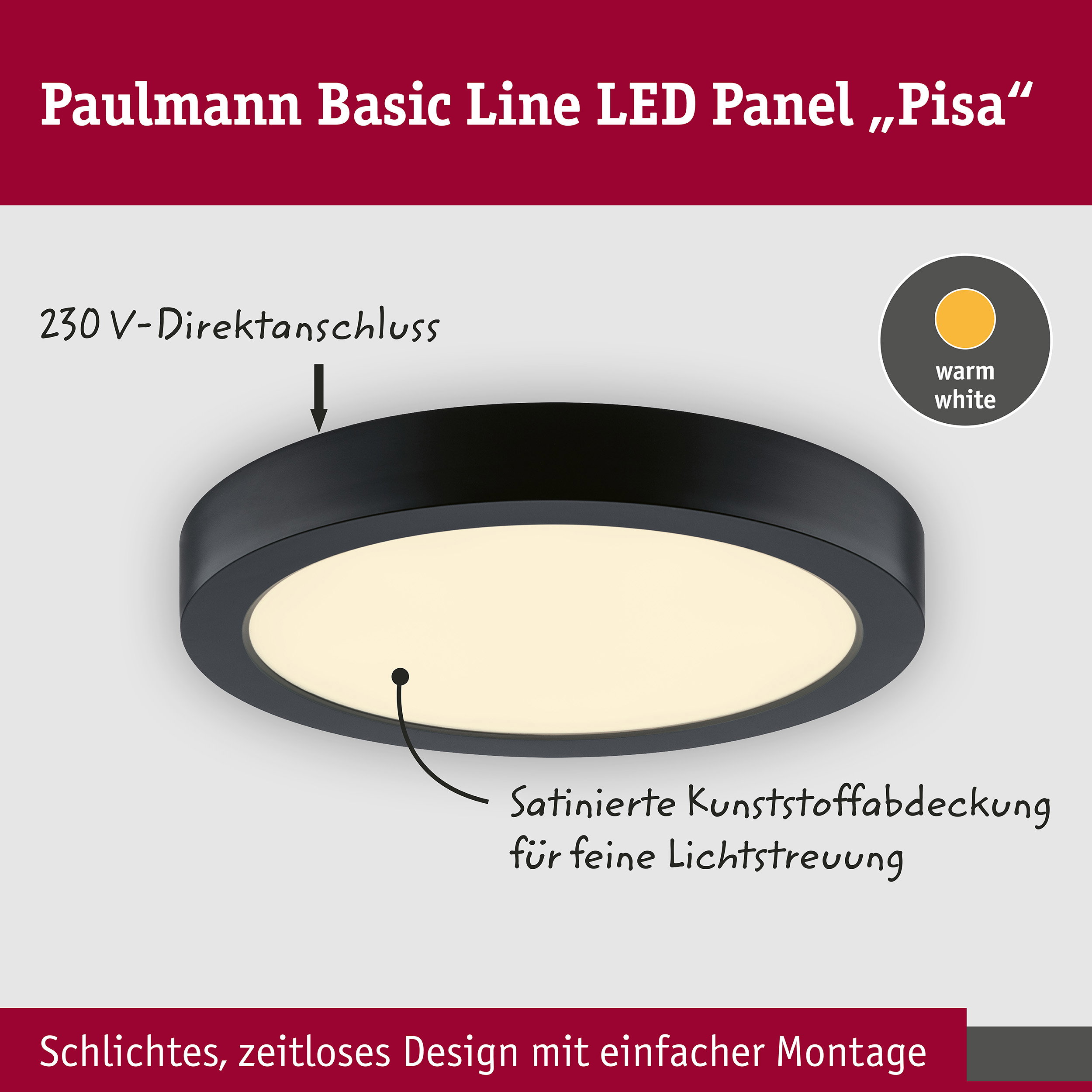LED Panel Pisa 3000K 290mm 1800lm 17,6W Schwarz matt