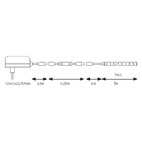 Schéma technique d'une guirlande LED de 5 mètres avec câble de 1,5 mètre et espacement de 0,25 mètre entre les lampes