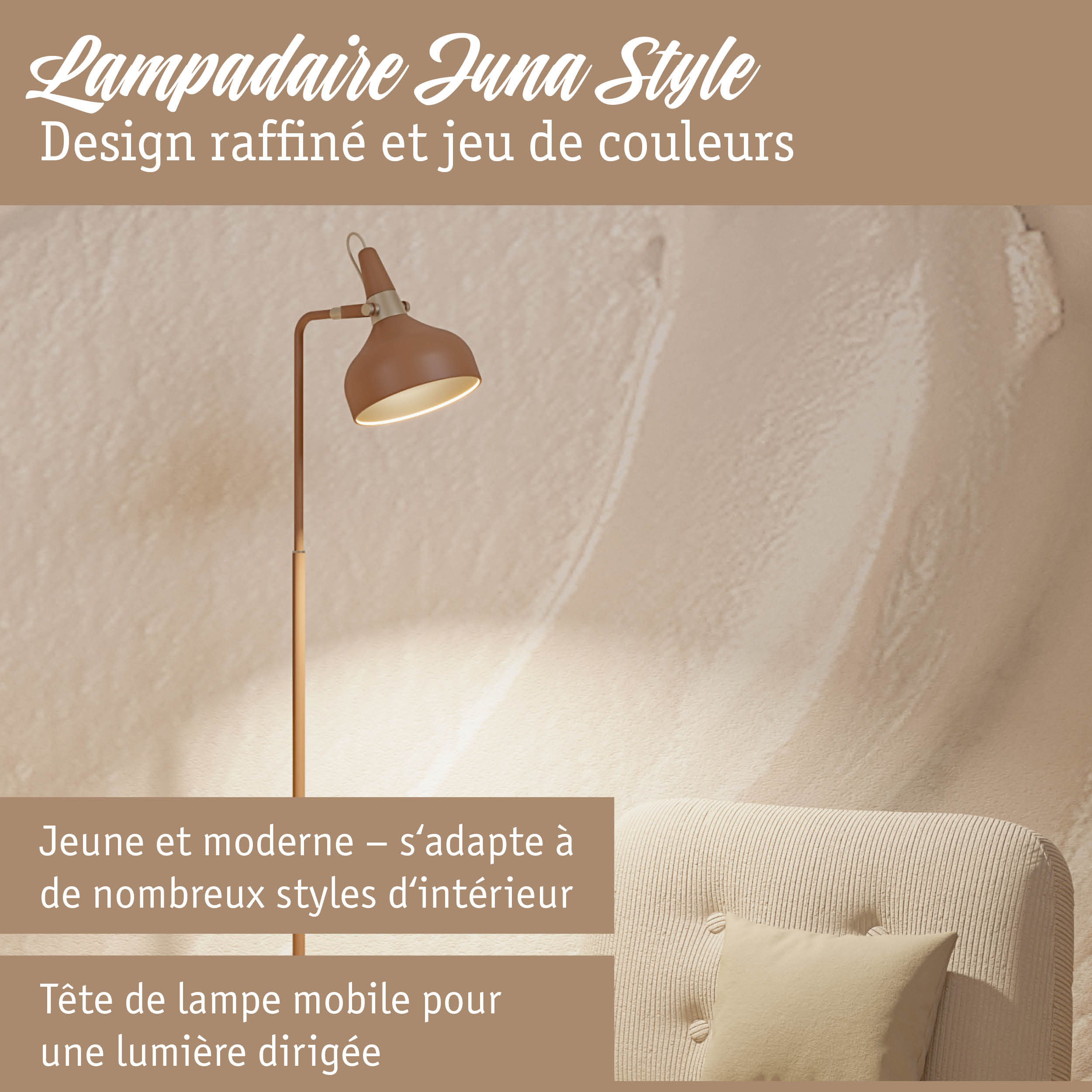 Lampadaire en métal marron avec tête réglable à côté d'un canapé beige dans un salon