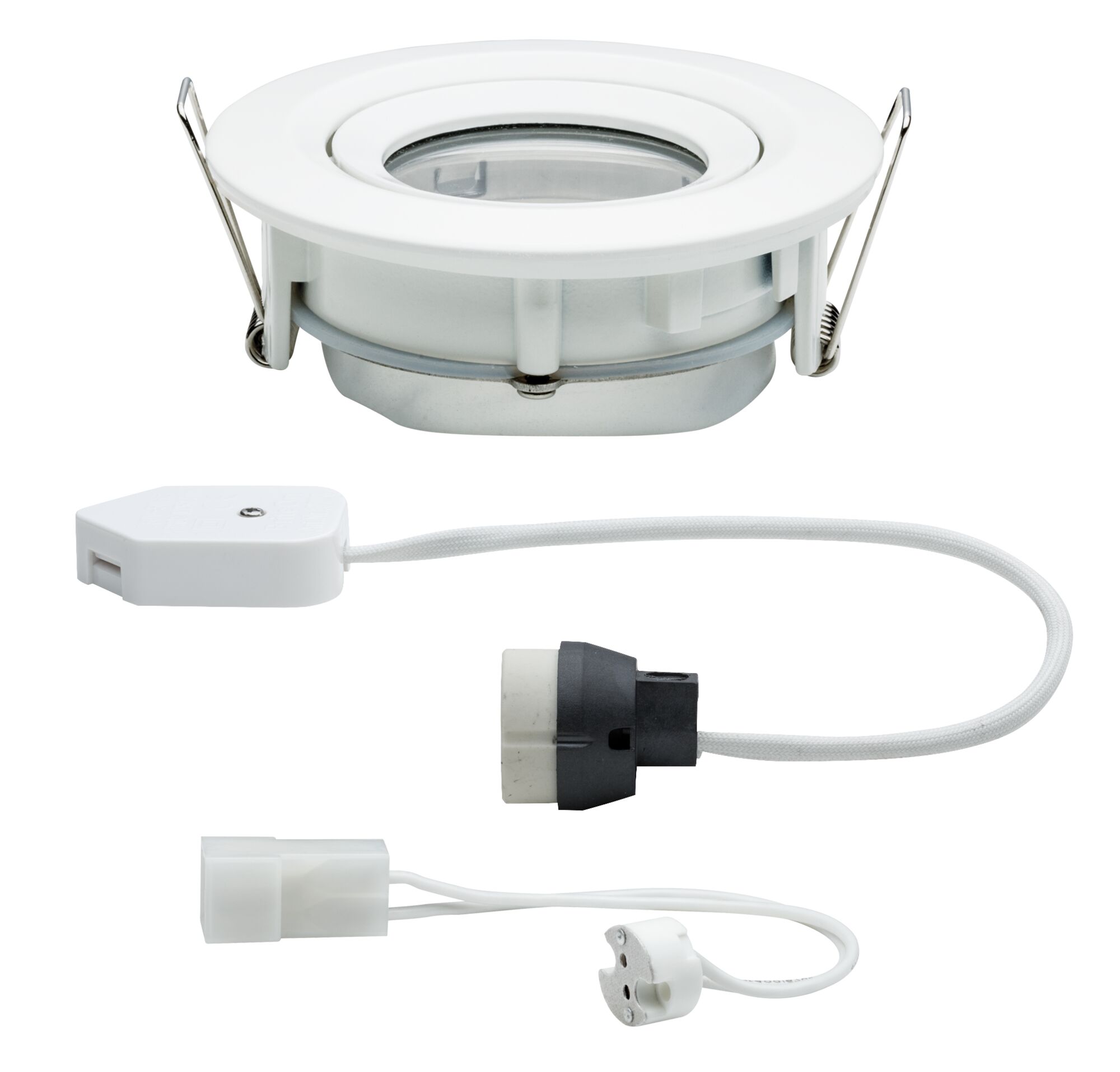 Witte metalen inbouwspot met kabel en fitting voor LED-spotverlichting binnenshuis