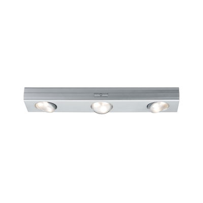 Three-light LED ceiling lamp in silver aluminum with adjustable spotlights for living spaces