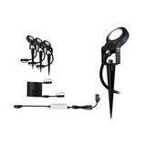 Black LED garden spotlight set with ground spike and cable for outdoor lighting and garden illumination.