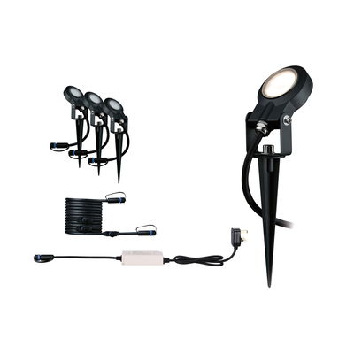 Black LED garden spotlight set with ground spike and cable for outdoor lighting and garden illumination.