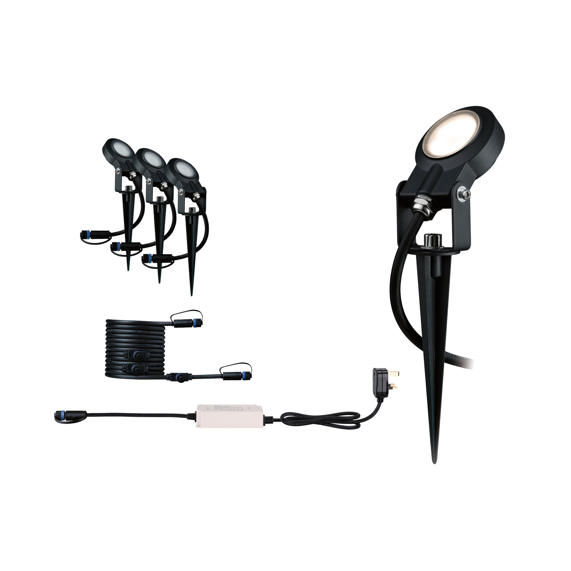 Black LED garden spotlight set with ground spike and cable for outdoor lighting and garden illumination.