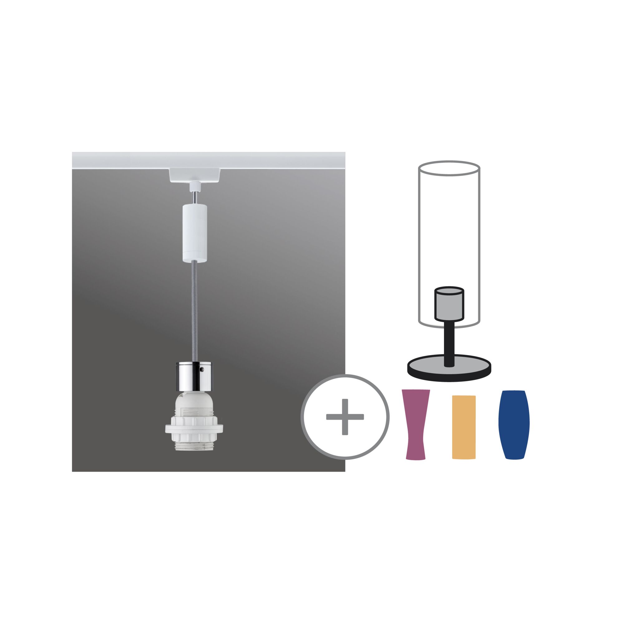 Witte pendellampkabel met chromen fitting en gekleurde lampenkappen voor veelzijdige verlichting