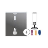Witte pendellampkabel met chromen fitting en gekleurde lampenkappen voor veelzijdige verlichting