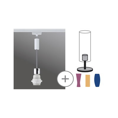 Witte pendellampkabel met chromen fitting en gekleurde lampenkappen voor veelzijdige verlichting