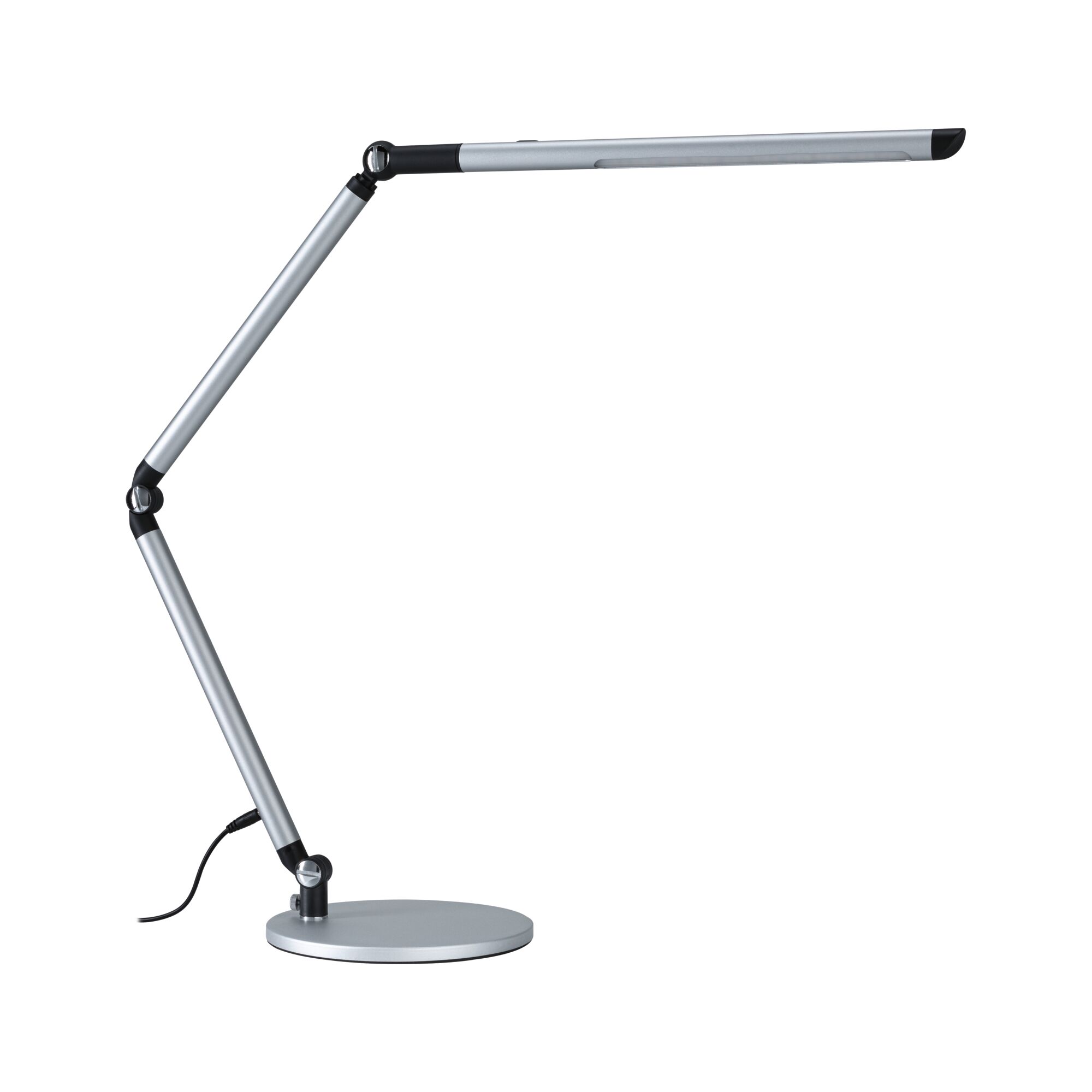 Modern silver metal LED desk lamp with adjustable arm and round base for office lighting